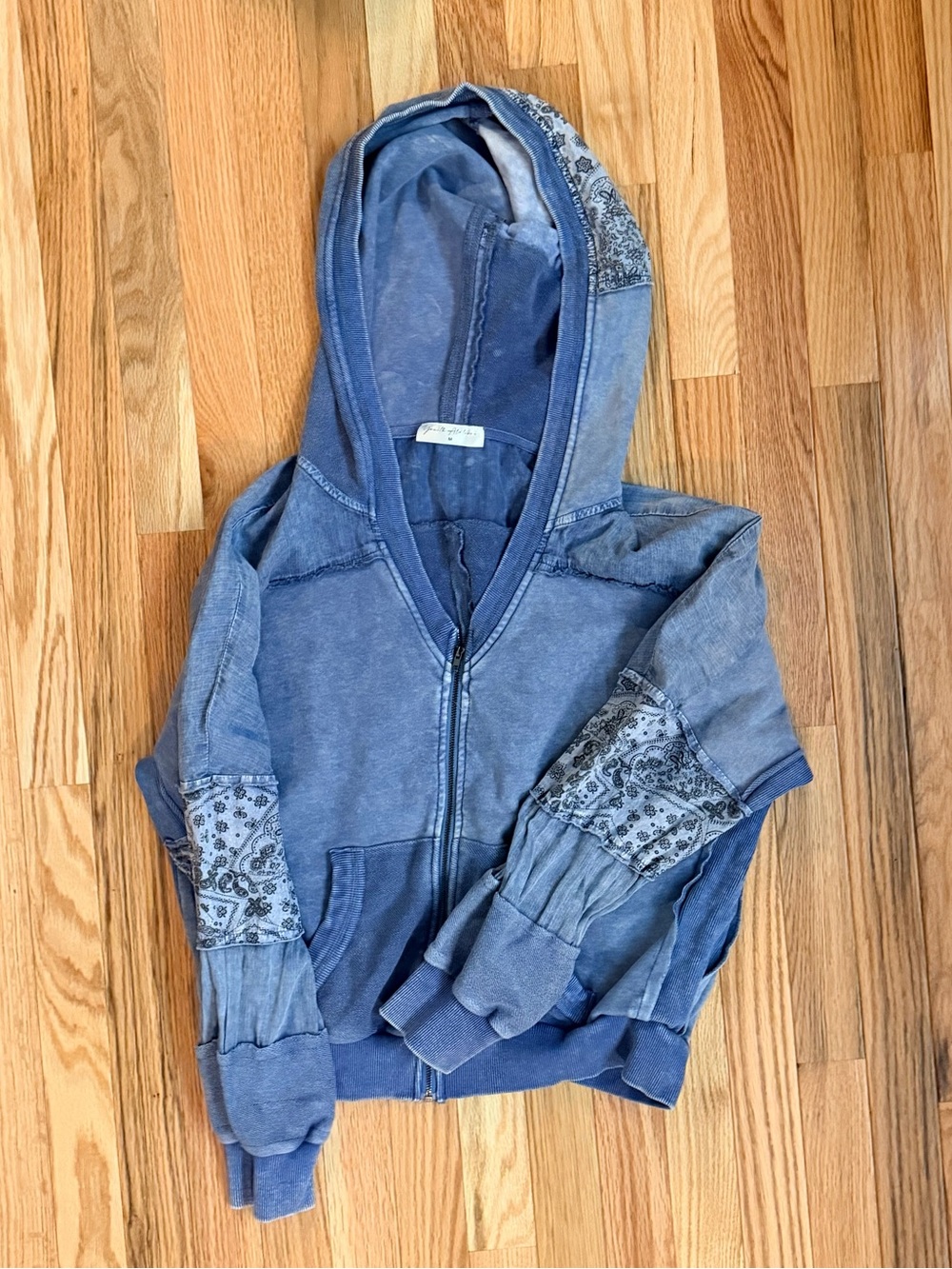 Blue Hooded Zip Jacket with Patterned Sleeve Panels